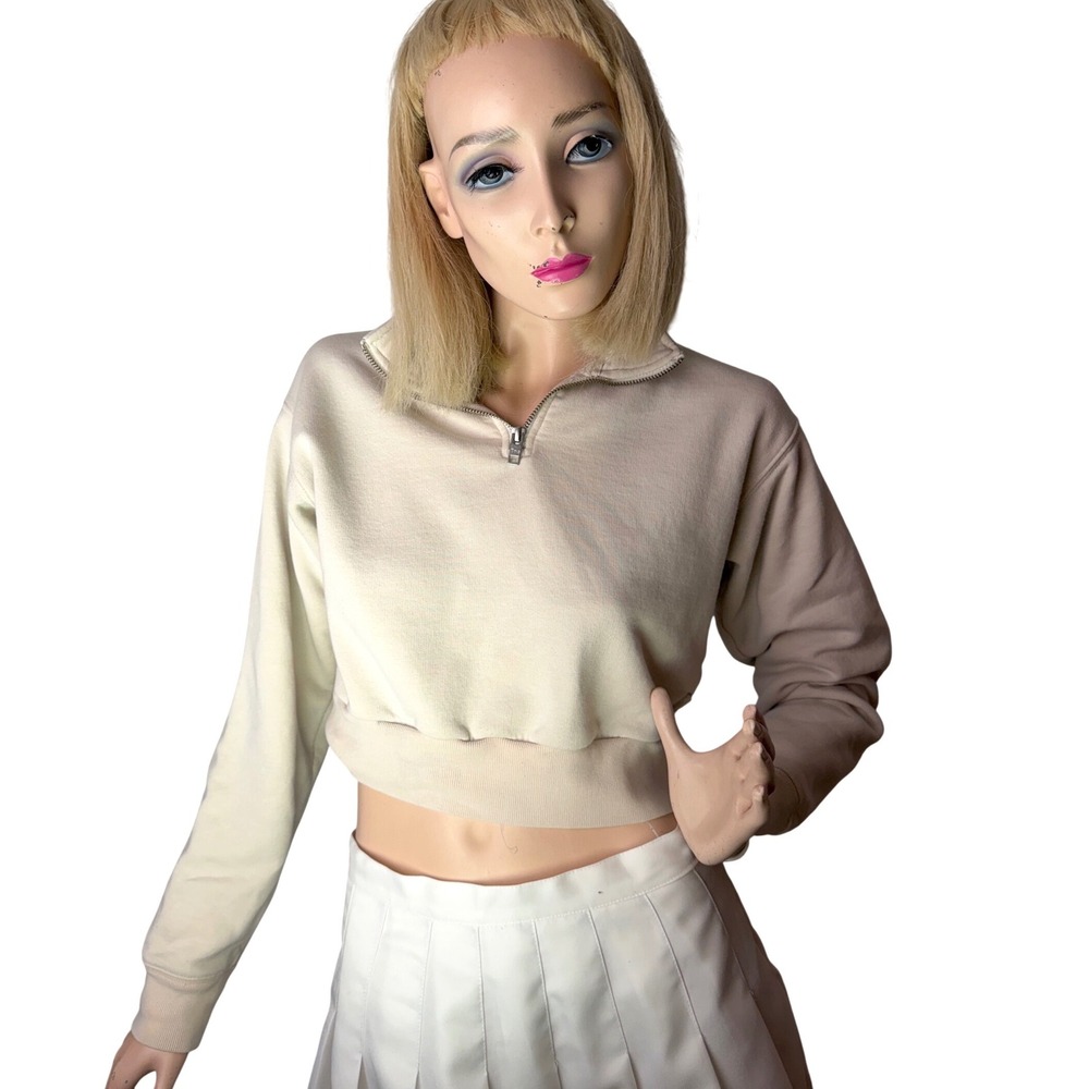 Aritzia TNA  Cropped Quarter Zip Sweatshirt Cream Beige Distressed Basiccore S